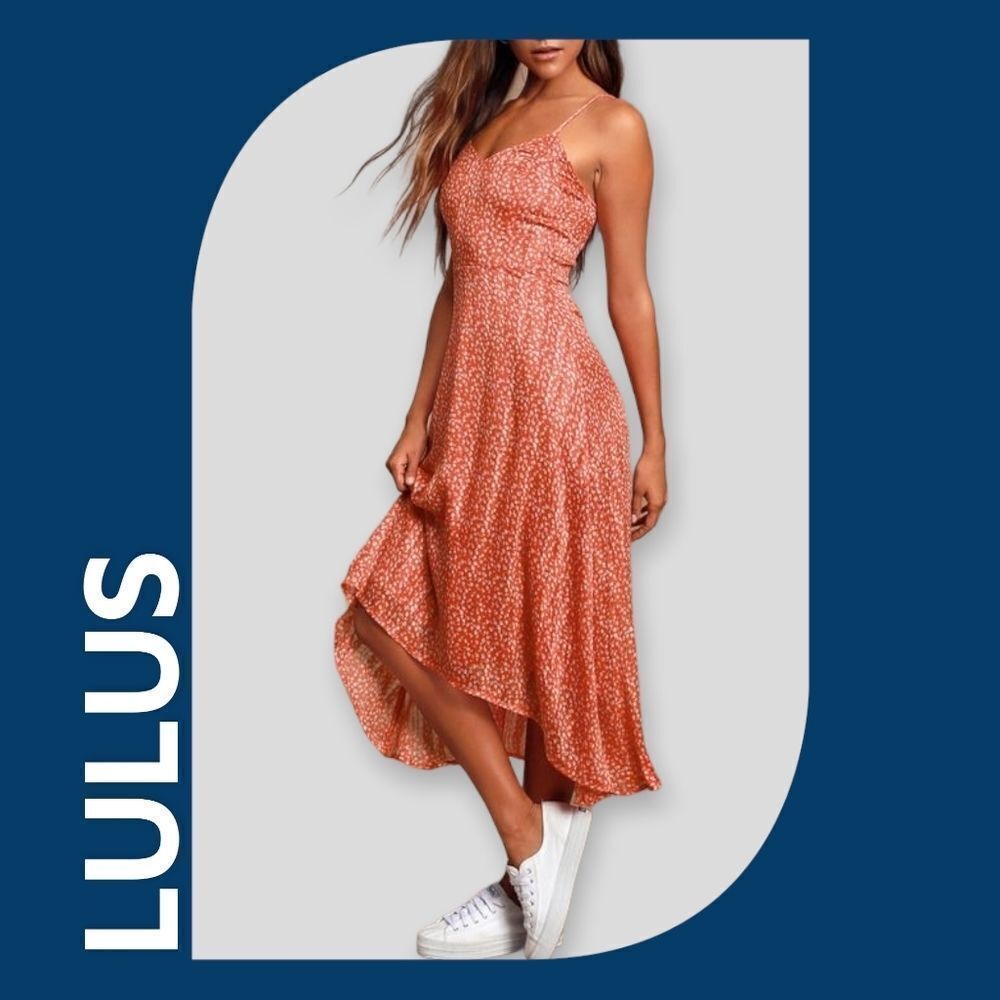 NWT LULUS Dreams Of Love Orange Floral Print High-low Midi Dress L
